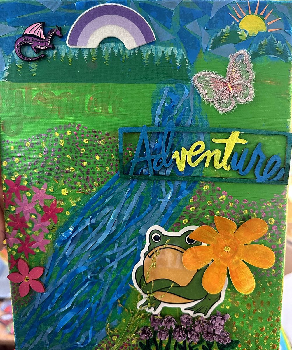 Adventure. Mixed media: a ribbon river, a frog, a butterfly and dimensional flowers.