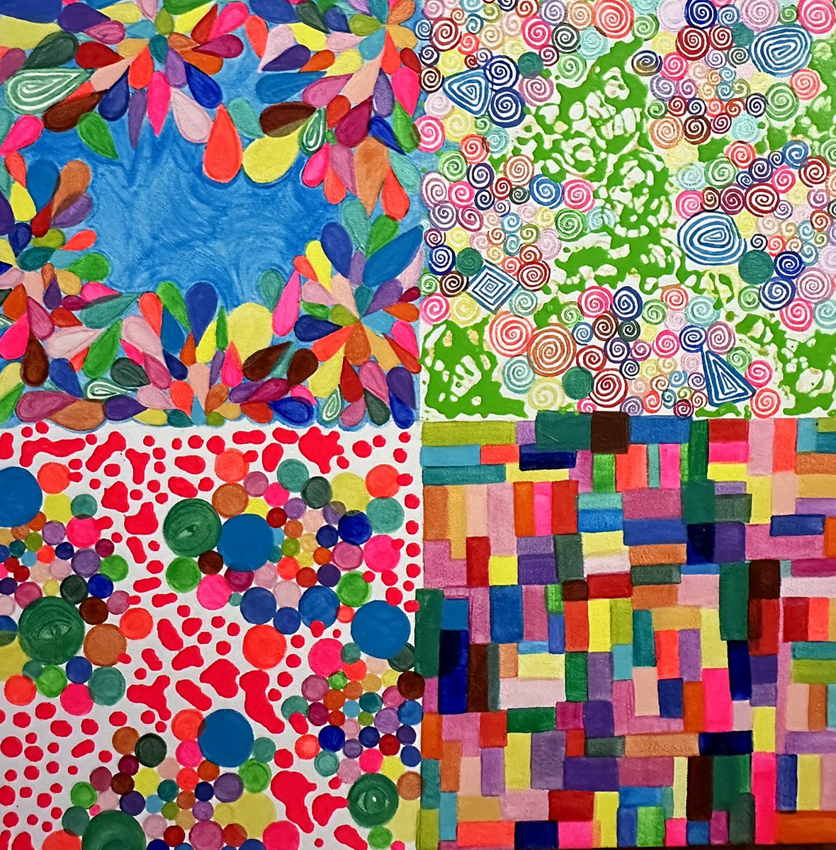 BeWholeDer. Four quadrants of hand-painted motifs: bricks, dots, spirals and petals. Small eyes hide in the pattern. The word beholder, split open to reveal be whole.