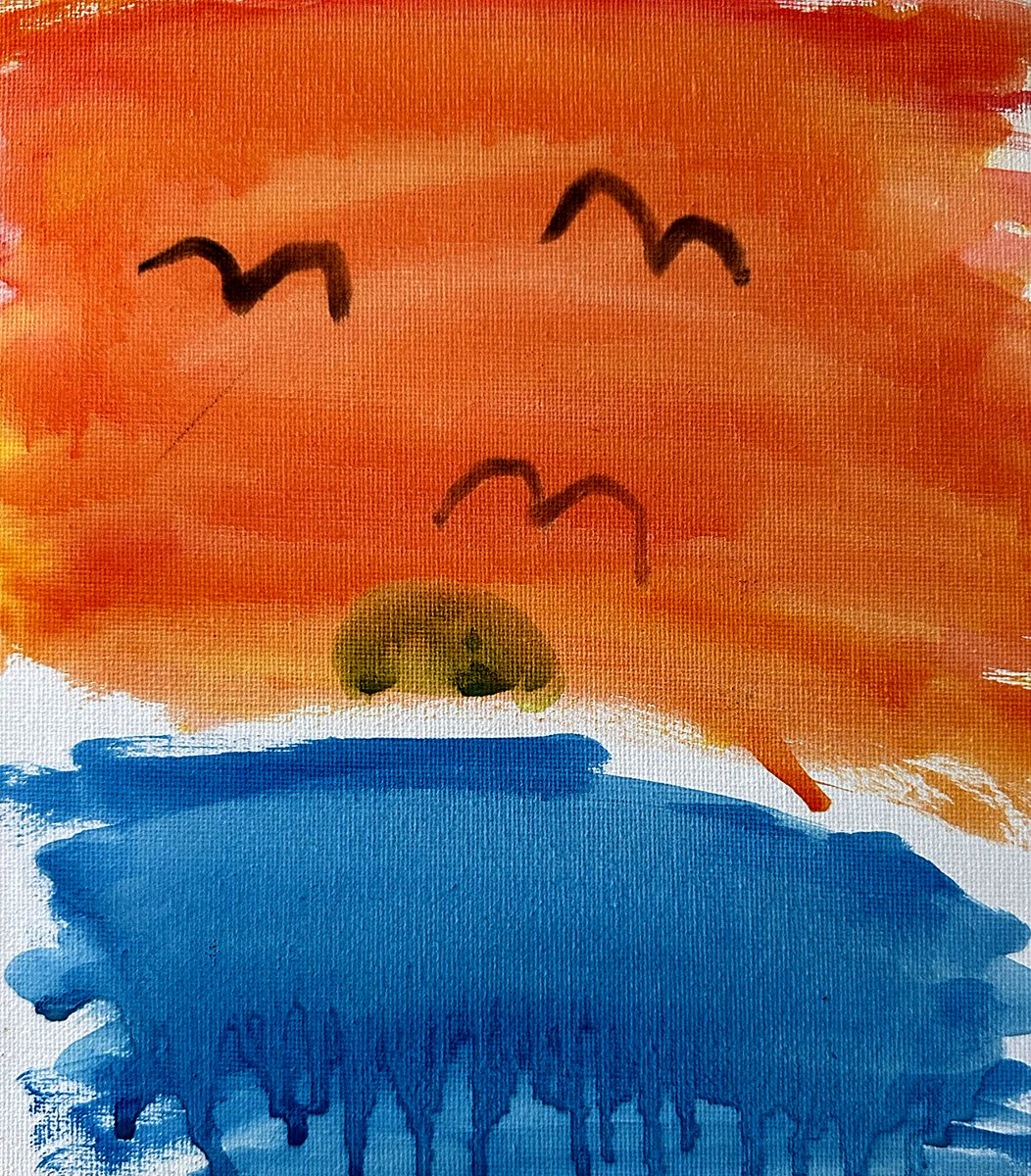 Birds at Sunset, by Confetti. Three birds over an orange sky, with blue water dripping below.