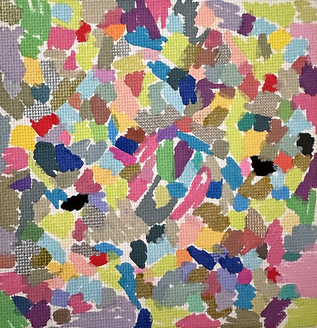 The first one I bought, by Confetti. Confetti-colored dabs on a small square. I offered her $50. She held firm at $300. We settled at $200. The original stays with me, but prints are available.