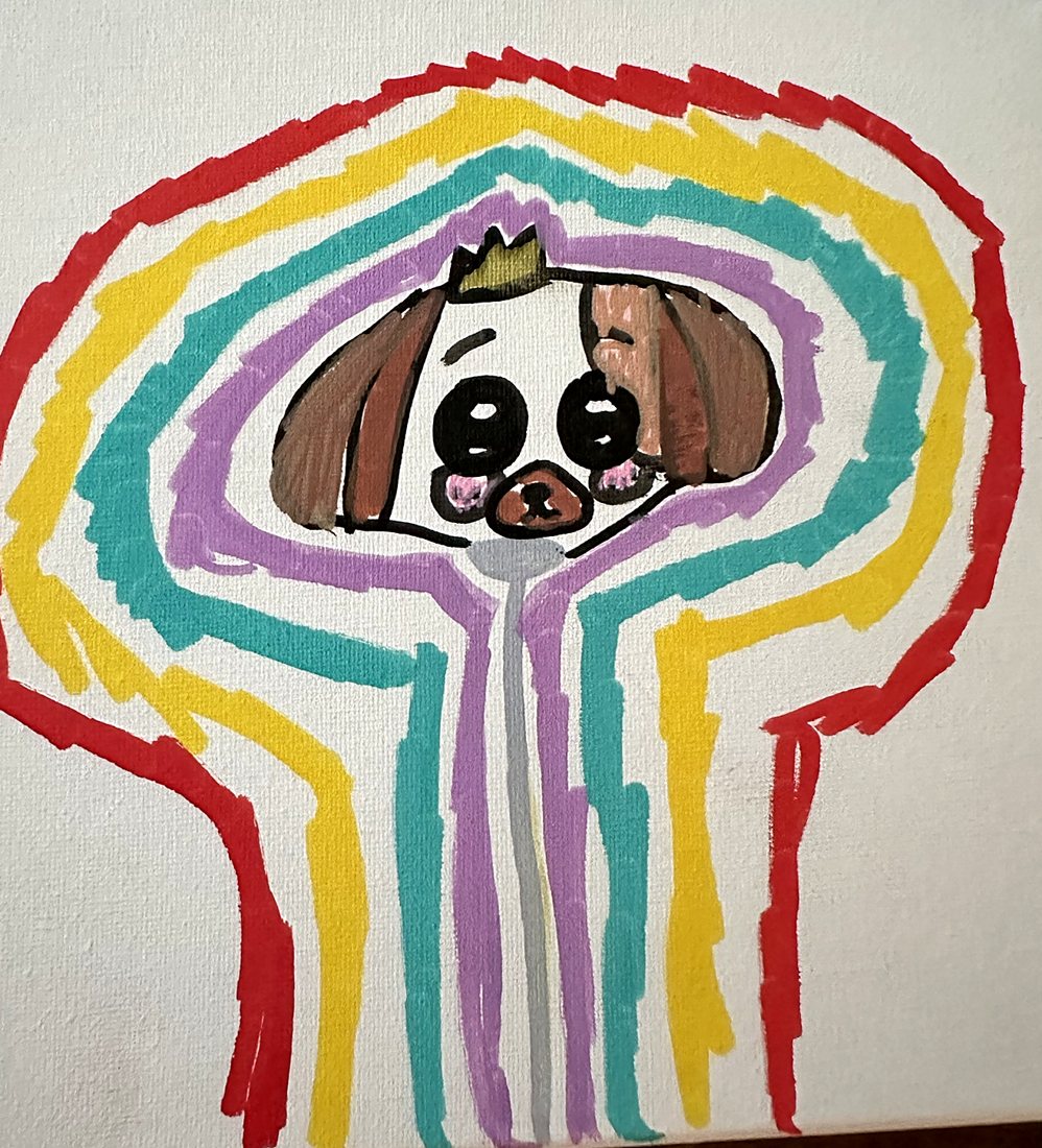 Puppy, by Confetti. A puppy with a tiny crown, wrapped in rainbow outlines.