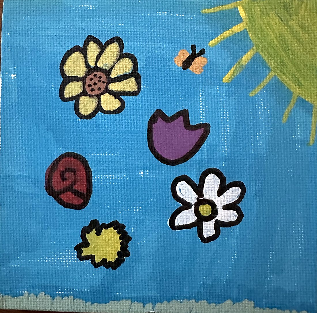 Garden, by Confetti. Flowers, a butterfly and a green sun on a bright blue sky.