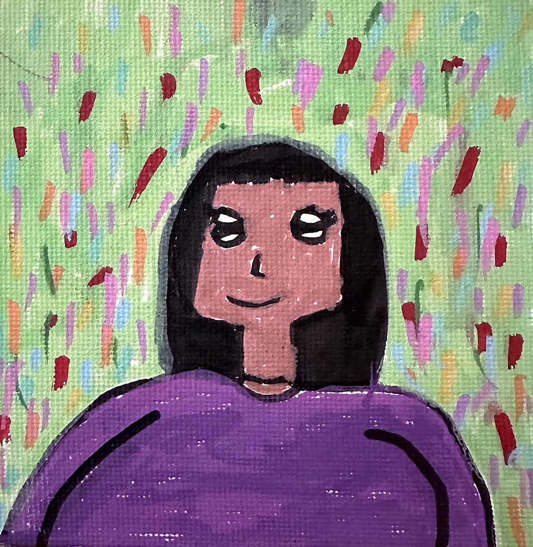 Mama, by Confetti. Her mom, smiling in purple against a rain of color.
