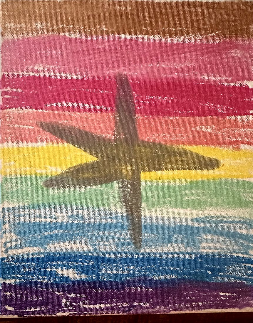 Starfish, by Confetti. A starfish resting across pastel stripes.