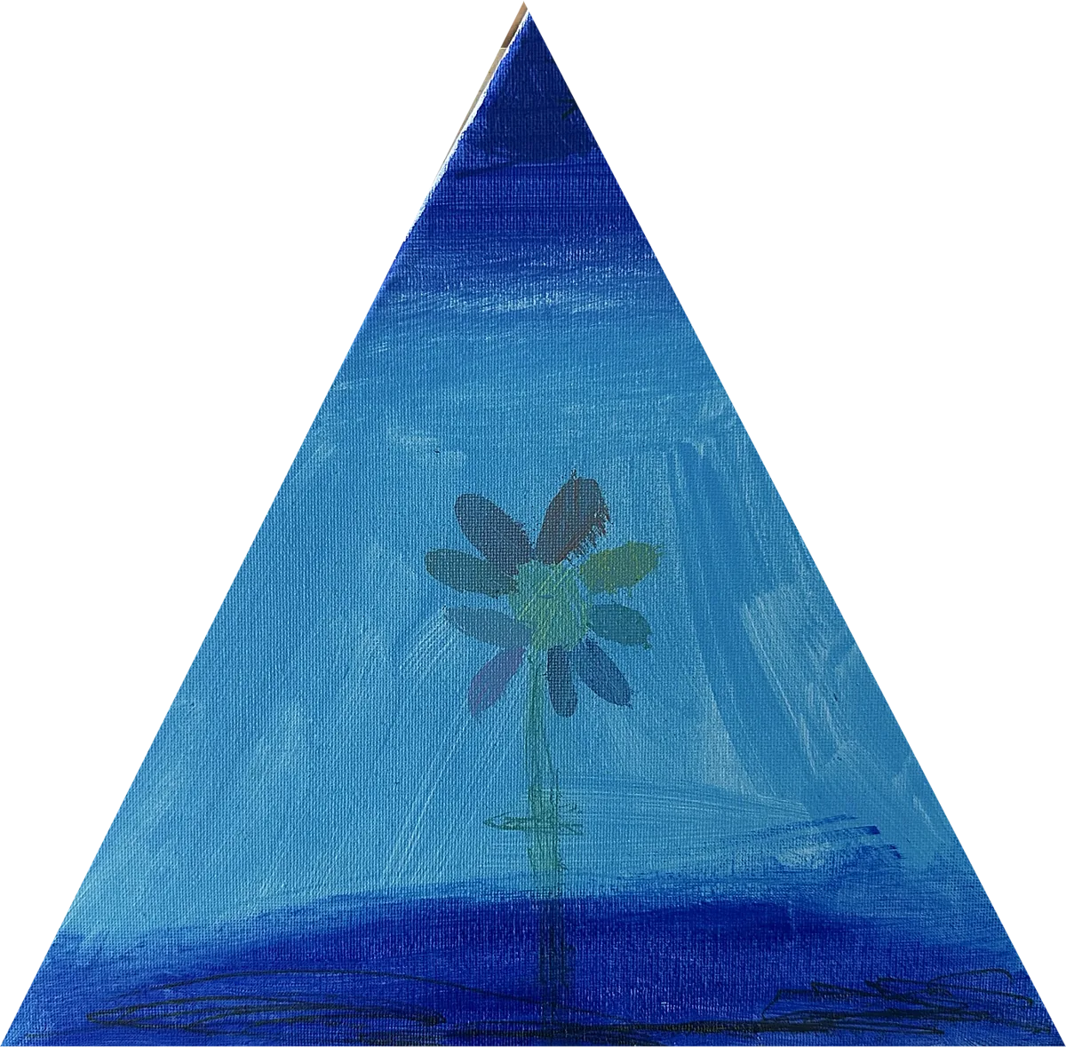 Blue Triangle, by Confetti. A flower growing in shades of blue on a triangle canvas.