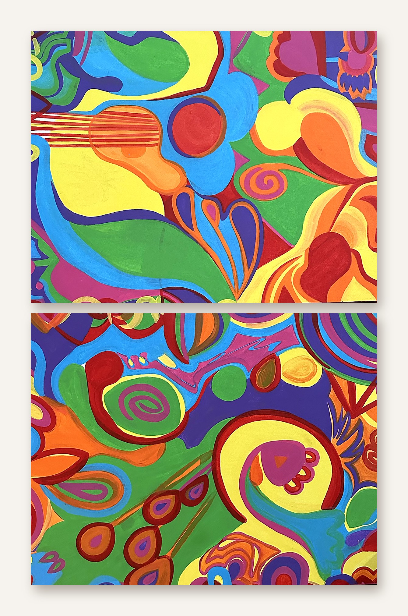 Hidden Chorus. Two halves, Call and Answer. A guitar, swirls and hidden, half-finished birds carried across both canvases: music as birdsong, and nature all around us and part of us. Acrylic on two 22 × 28 in canvases.