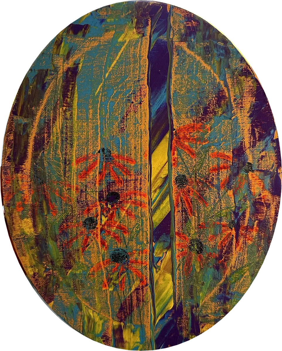 Untitled (oval garden). Orange coneflowers drawn through streaks of blue, violet and gold.