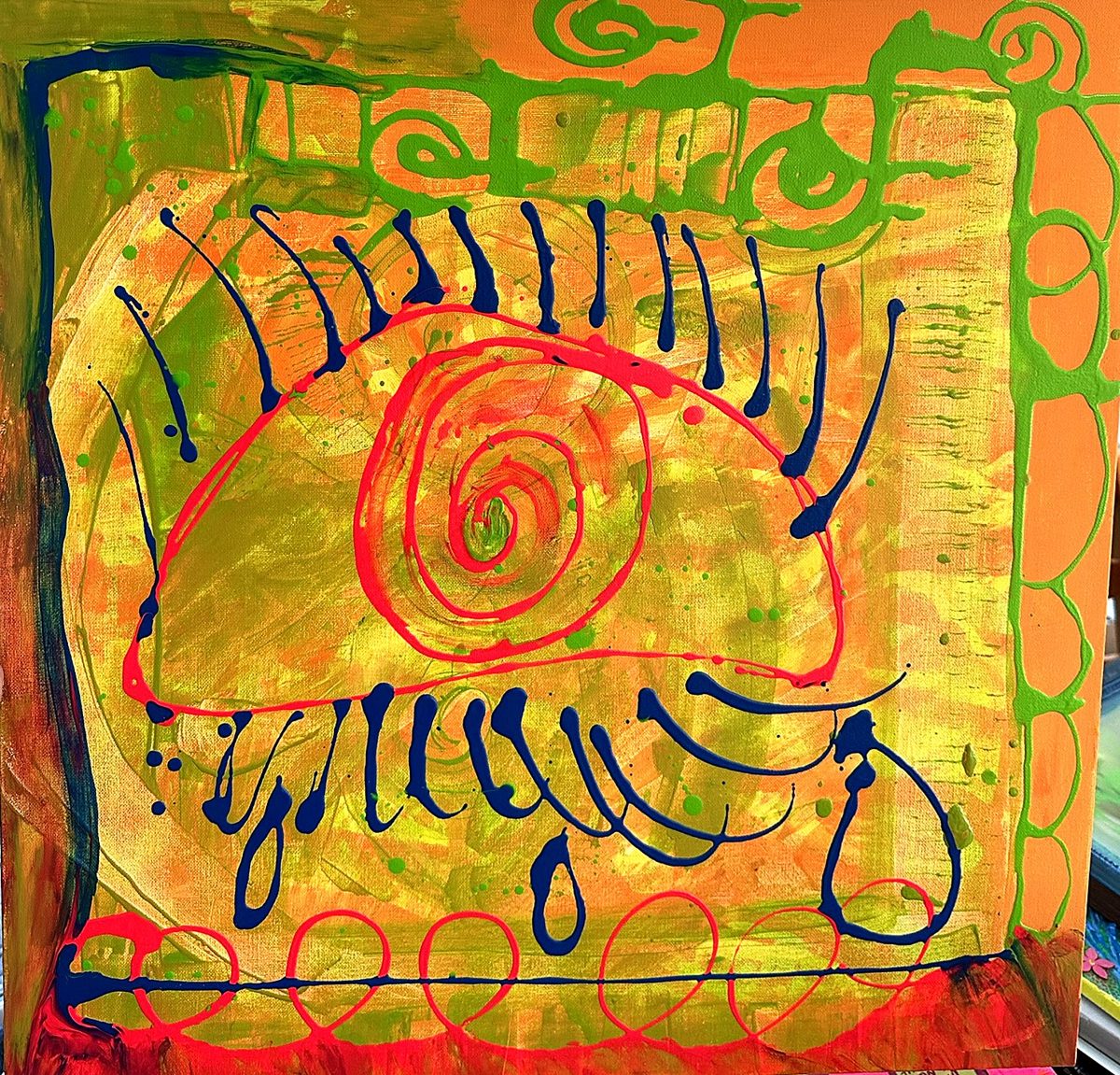 Untitled (eye). A poured spiral eye in neon pink and blue, ringed with drips.