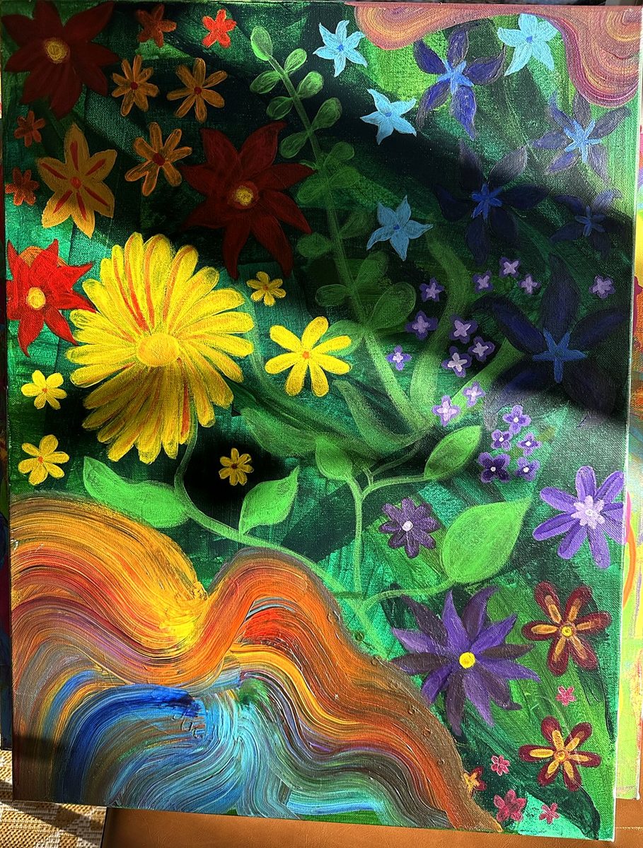 Untitled (garden river). Flowers and stars above a rainbow river.