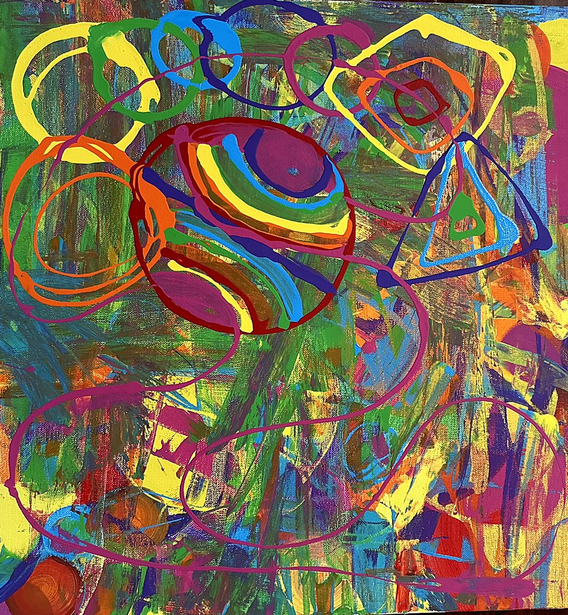 Untitled (rainbow shapes). Rainbow loops and outlined shapes overlapping and holding hands.