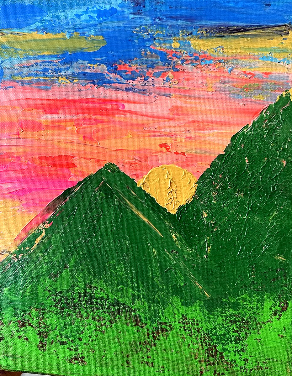 Untitled (mountain sunset). Two green peaks with a gold sun tucked between them, under a thick, textured sky of hot pink, coral and blue.