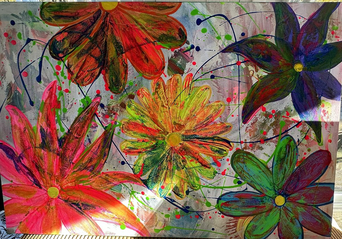 Untitled (neon flowers). Big neon blooms with paint flicked across white.