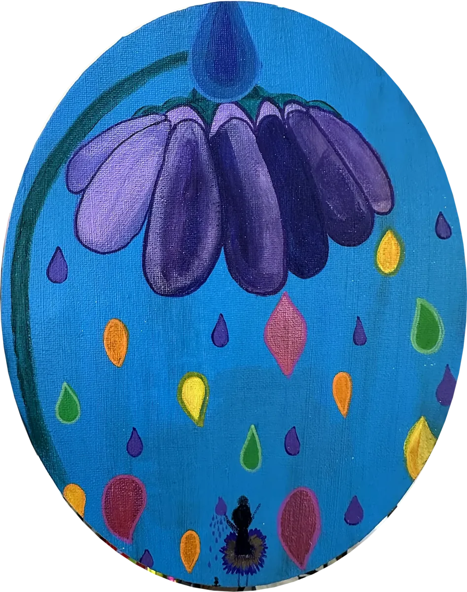 Nurturing Nature. An upside-down flower rains its petals as colorful drops.