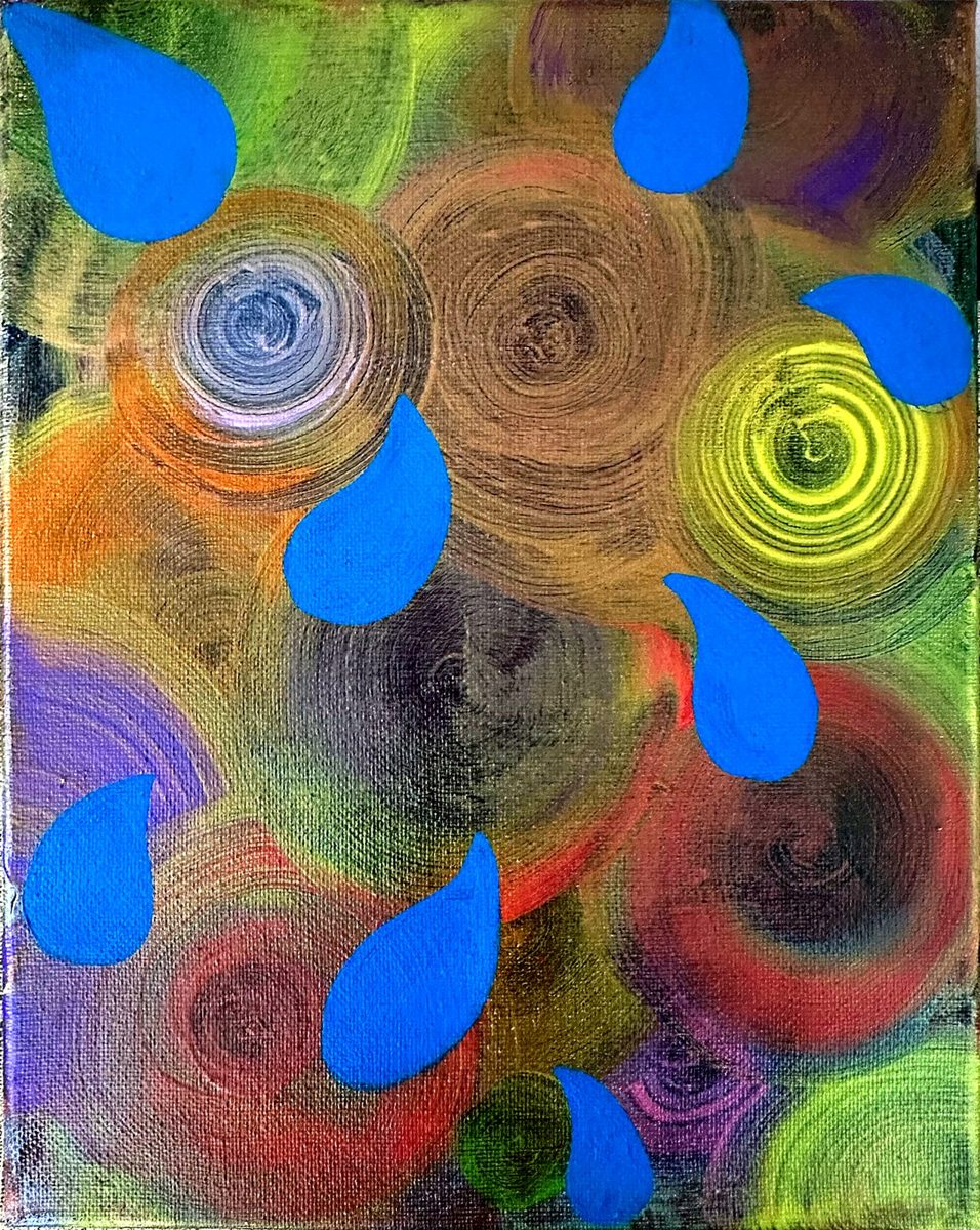 Untitled (rain on swirls). Bright blue drops falling over shimmering swirls of color.