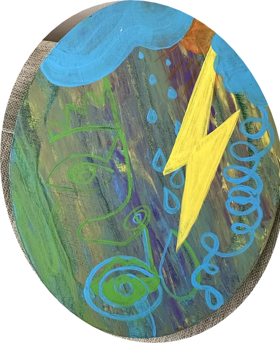 Weather Changes Within. Lightning, cloud and rain drawn over streaks of green and violet.